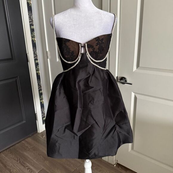 NWT Self-Portrait Black Taffeta Diamante Mini Dress with Lace Trim Size 10 - Picture 2 of 15